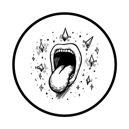 A black and white illustration of an open mouth with a tongue sticking out, surrounded by stars and...