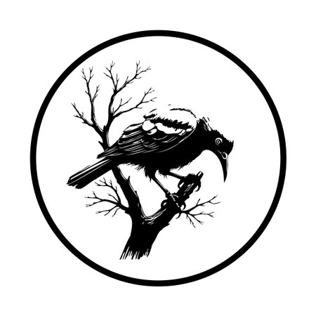 A striking black and white illustration features a raven perched on a barren tree branch, evoking a sense of mystery and intrigue. This emblem is perfect for gothic designs, tattoos, or logos.のイラスト素材