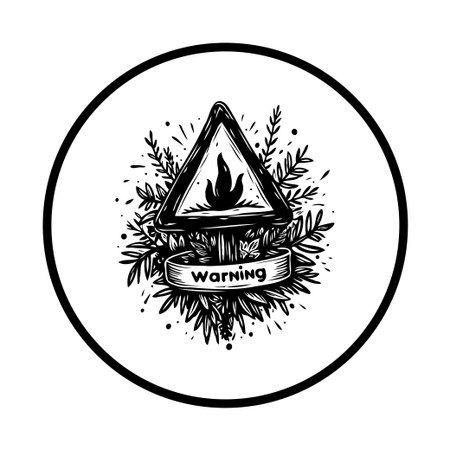 A stylized black and white illustration featuring a triangular warning sign adorned with foliage, set within a circle. Perfect for adding a decorative touch to safety themes.のイラスト素材