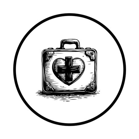 This hand-drawn vintage first aid kit illustration conveys a sense of preparedness and healthcare assistance. The symbolic design is fitting for medical, emergency, or health-related materials.のイラスト素材