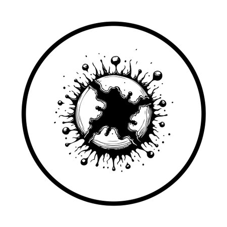 A striking monochrome vector graphic depicts a burst element within a circle, radiating energy. Perfect for abstract designs, illustrations, or artistic projects seeking bold visual impact.のイラスト素材