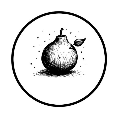 A beautifully detailed black and white illustration of a pear, set within a minimalist circular frame, evoking a sense of natural elegance and organic freshness.のイラスト素材