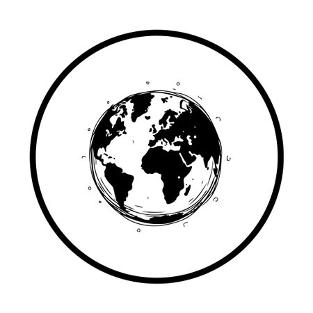 This vector illustration showcases a simple yet artistic representation of the Earth, highlighting the continents within a black and white globe sketch enclosed by a circular frame.のイラスト素材