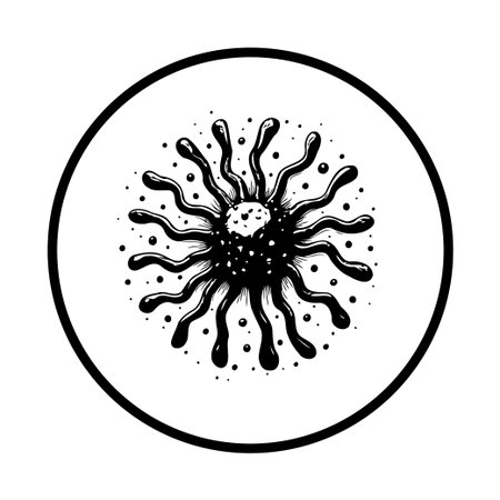 A stylized illustration depicts a virus or bacteria cell with dark tendrils emanating from a central point within a circular frame. Isolated on a white background.のイラスト素材