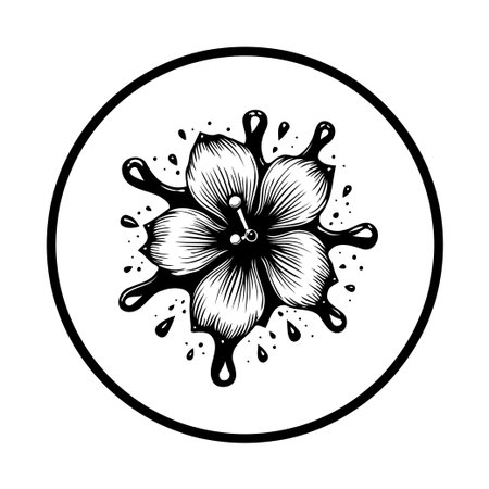 A captivating black and white illustration showcasing a flower adorned with liquid splashes, perfect for elegant and creative design projects.のイラスト素材