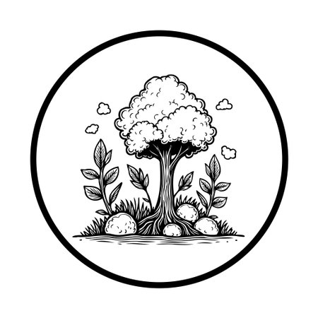 A black and white illustration features a tree surrounded by rocks, grass, and leaves, all enclosed within a circular emblem. The image conveys a sense of nature and growth.のイラスト素材