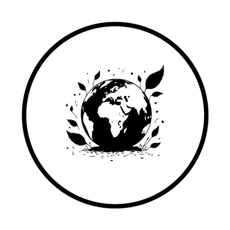 Simple black and white earth illustration surrounded by leaves. Suitable for Earth Day posters, environmental projects, and nature-themed presentations. Vector graphic design template.のイラスト素材