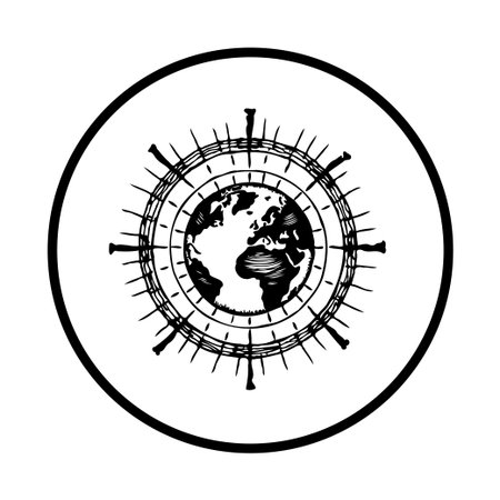 Stylized black and white illustration depicting a global pandemic. Earth surrounded by a symbolic circle of virus-like structures, representing the spread of disease and the crisis affecting the world.のイラスト素材