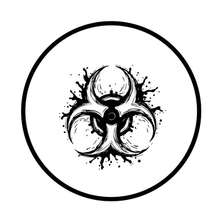 Biohazard symbol illustration in a black and white circle, symbolizing warning, danger, and biological hazards, calling for caution and safety measures.のイラスト素材