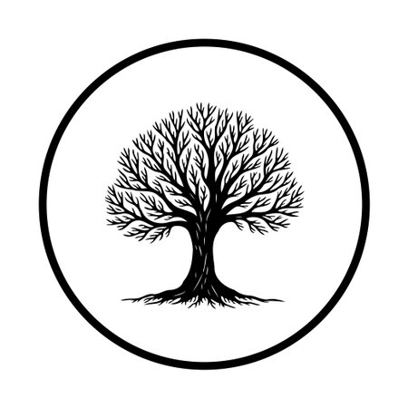A minimalist black and white illustration of a tree within a circle, representing growth, nature, and connection. Perfect for eco-friendly brands and environmental awareness campaigns.のイラスト素材