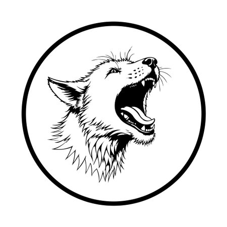 This black and white artistic illustration depicts a majestic wolf head howling inside a circle. It's perfect for logos and designs needing a strong, wild animal symbol.のイラスト素材