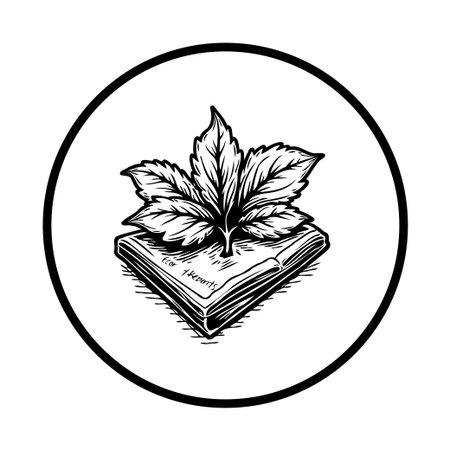 An elegant black and white illustration shows a leaf placed on top of a book, framed within a circle. The design conveys a sense of nature, knowledge, and learning.のイラスト素材