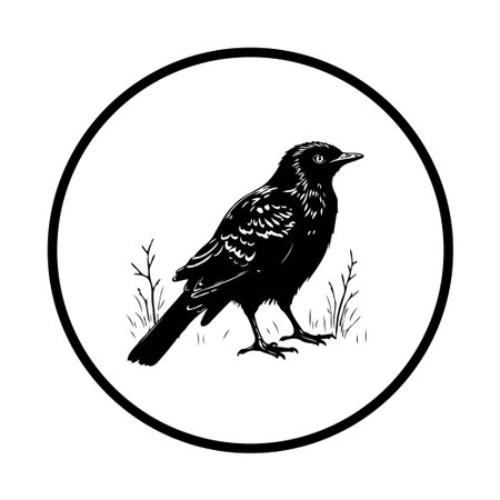 A black bird illustration showcases a stunning bird inside a circle, surrounded by subtle nature elements, embodying elegance and artistic simplicity.のイラスト素材