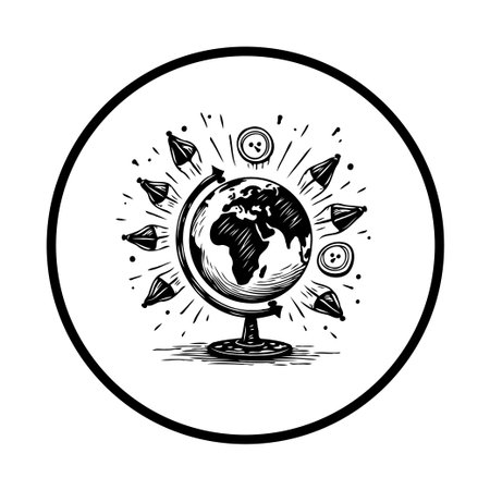 Monochrome illustration of a vintage globe encircled by stylized rockets, symbolizing global exploration and adventure. The design evokes a sense of travel and discovery.のイラスト素材
