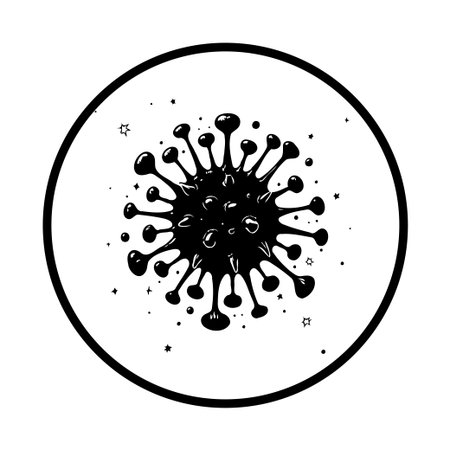 A black and white vector graphic illustrates a coronavirus within a circle, small stars scattered around, representing disease and public health concerns.のイラスト素材