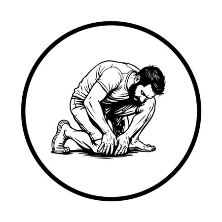 A black and white illustration of a man kneeling and clutching his leg. The image conveys physical pain, injury, and emotional distress. The simple design effectively communicates discomfort and suffering.のイラスト素材