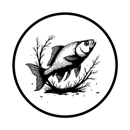 A black and white illustration showcases a fish gracefully swimming in its natural habitat, enclosed within a circular frame, rendered as vector art.のイラスト素材
