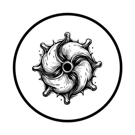 A captivating circular design showcases flowing lines and abstract shapes, all meticulously enclosed within a bold black border. The intricate details create a visually stunning art symbol.のイラスト素材