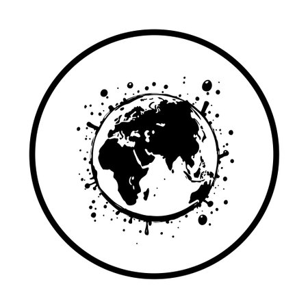 Stylized black and white illustration of Earth with splatters, symbolizing global impact or a crisis affecting the planet. Ideal for environmental themes or world issues.のイラスト素材