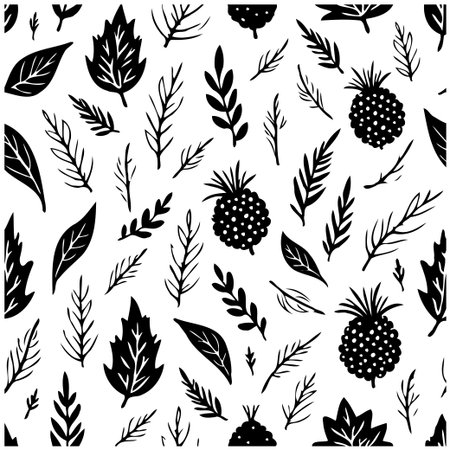 This image shows a seamless monochrome pattern with a variety of leaves and pineapples, creating a stylish and visually appealing botanical design. Ideal for backgrounds, fabrics, and other creative projects.のイラスト素材