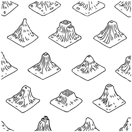 Seamless repeating isometric volcano pattern design on a white background for prints or web, shows earth natural landscape and geological illustration.のイラスト素材