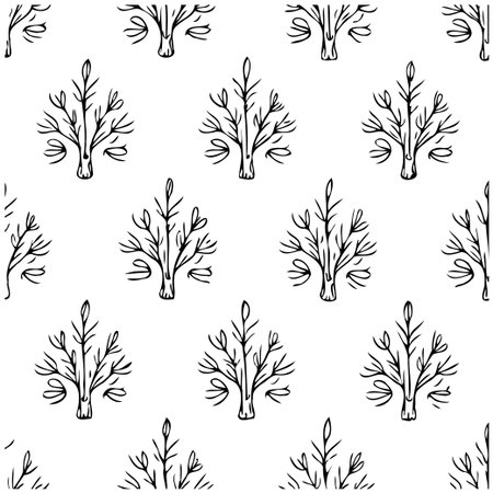 This image features a repeating seamless pattern of abstract botanical tree sketches in black and white. The design is suitable for wallpaper or fabric, offering a decorative and elegant touch.のイラスト素材