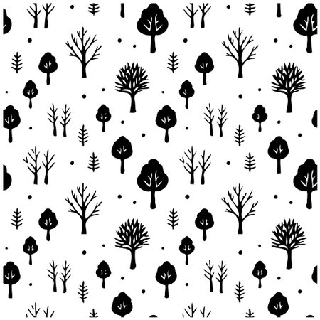 A monochrome forest seamless pattern with cute black trees and dots on a white background. Perfect for nursery decor, wallpaper, or textile projects.のイラスト素材