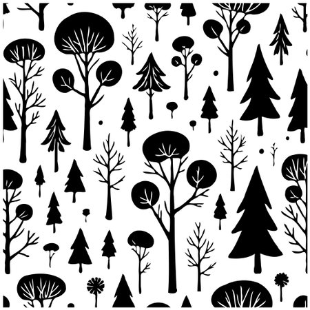 A monochrome seamless pattern features various tree silhouettes scattered on a white background, ideal for fabrics, wallpapers, and decorative projects.のイラスト素材
