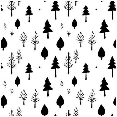 This monochrome pattern showcases a dense collection of trees and leaves, seamlessly repeating to create a natural and organic design. Ideal for various creative projects.のイラスト素材