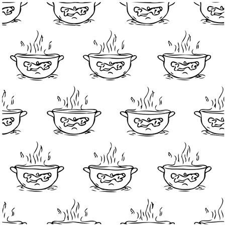 A charming seamless pattern featuring hand-drawn cooking pots with steam, creating a playful and artistic kitchen-themed design perfect for backgrounds and illustrations.のイラスト素材