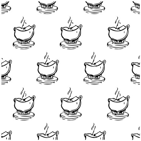 A seamless pattern features hand-drawn sketches of steaming hot bowls. The monochrome design creates a simple yet artistic background, ideal for adding a culinary touch to various projects.のイラスト素材