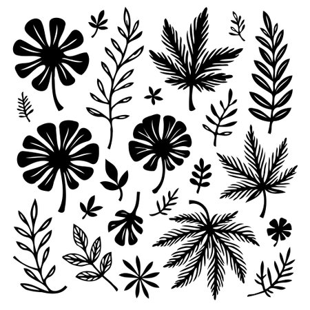 A collection of botanical elements in black and white. Includes various leaves, flowers, and branches, perfect for creating patterns and designs.のイラスト素材
