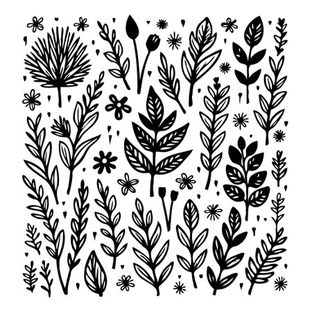A beautifully hand-drawn botanical illustration featuring an array of plants and leaves, perfect for adding a touch of nature and elegance to any design or project.のイラスト素材