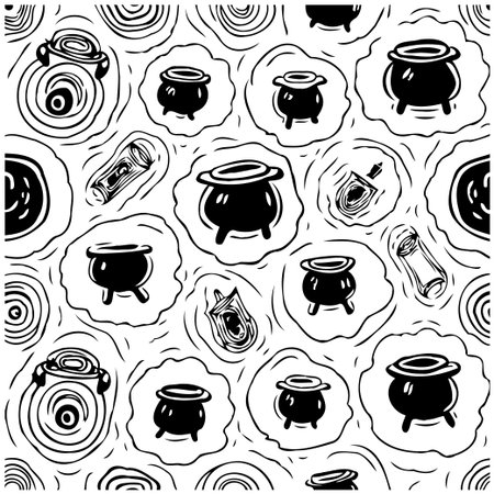 A spooky seamless pattern featuring cauldrons and potions, ideal for Halloween-themed decorations and witchy projects. Perfect for backgrounds, wallpapers, and textile designs.のイラスト素材