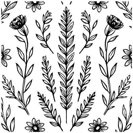 A simple black and white floral pattern. Seamless and clean, great for backgrounds or simple decorative designs.のイラスト素材