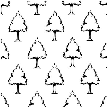 A black and white seamless pattern of stylized Christmas trees evokes a winter forest atmosphere. Ideal for holiday-themed designs, packaging, and festive backgrounds.のイラスト素材