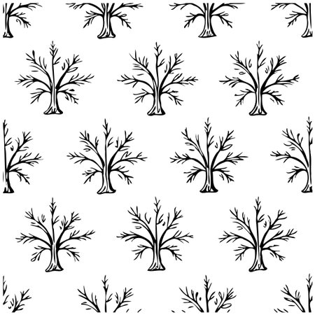 Seamless pattern of stylized trees on a white background. Hand drawn botanical illustration for creating a unique design. Ideal for wallpaper, fabric, and wrapping paper.のイラスト素材