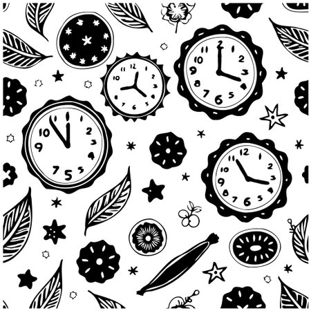 A whimsical seamless pattern featuring hand-drawn clocks, leaves, and floral elements. This black and white doodle style design adds a playful and artistic touch to any project.のイラスト素材