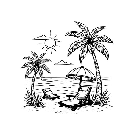 A minimalist line art drawing depicts a serene beach scene with palm trees, sun, lounge chairs, and a calm ocean, perfect for conveying relaxation and vacation vibes.のイラスト素材