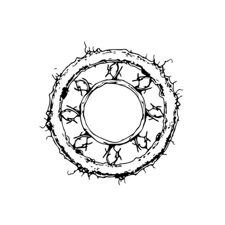 Mystical hand-drawn circle with thorns illustration. Isolated on a white background, it adds a touch of eerie charm to any art project.のイラスト素材