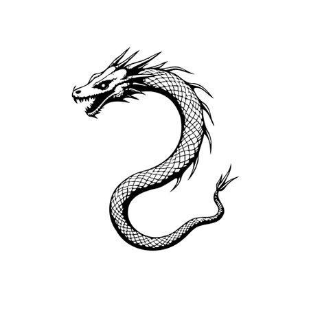 A detailed black and white drawing of a dragon, symbolizing strength and mysticism. The artwork features a serpentine body with intricate scales, showcasing cultural significance.のイラスト素材