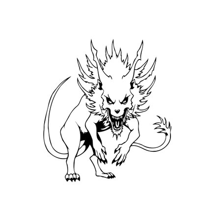 This black and white illustration depicts a fearsome mythical creature with sharp teeth and horns, rendered in a bold line art style. Perfect for fantasy or horror themed projects.のイラスト素材