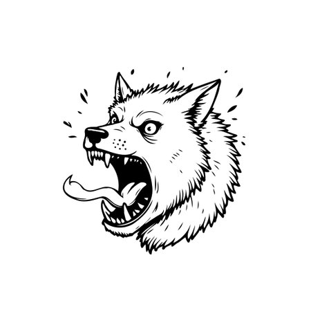 A hand-drawn black and white illustration of a snarling wolf showcasing an aggressive expression. The image captures the primal intensity and danger of the wild animal.のイラスト素材