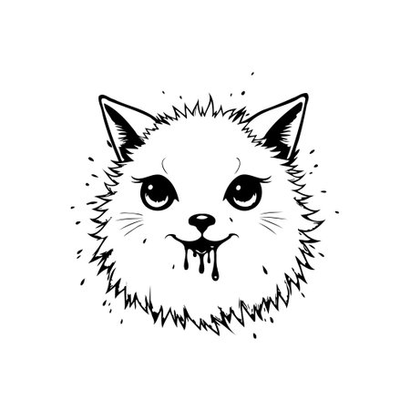 A cute and fluffy cat head illustration. The design features a melting, dripping effect, giving it a modern and edgy look. Perfect for stickers, merchandise, or branding.のイラスト素材