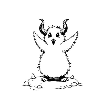 A cute and fluffy cartoon monster with horns stands happily on a pile of rocks, ideal for children's illustrations and fantasy themes.のイラスト素材