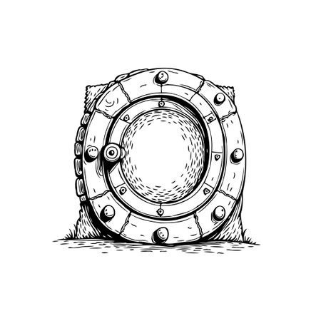 A detailed black and white illustration of a stone portal with circular frame. The design shows fantasy architecture and intricate stonework perfect for creative.のイラスト素材