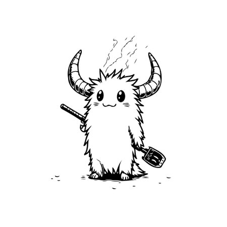 A charming, hand-drawn illustration showcases a cute, horned monster emitting smoke and holding a wand and shovel. The minimalist style is perfect for various creative projectsのイラスト素材