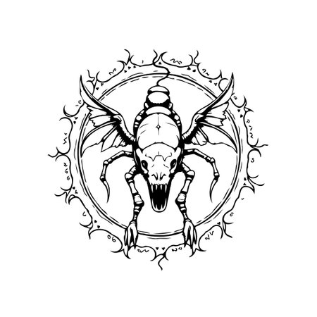 Detailed black and white illustration of a fantasy creature with wings and sharp claws. It's surrounded by a decorative circle. Perfect for Halloween, gothic, or fantasy themed designs.のイラスト素材