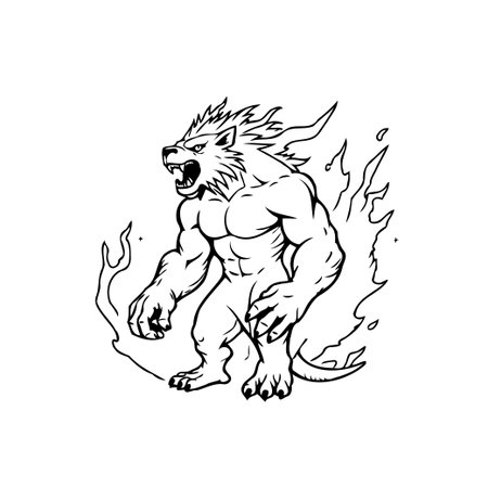 This is a black and white illustration depicting a powerful, muscular werewolf surrounded by flames, conveying a sense of danger and supernatural strength, suitable for fantasy or horror themes.のイラスト素材
