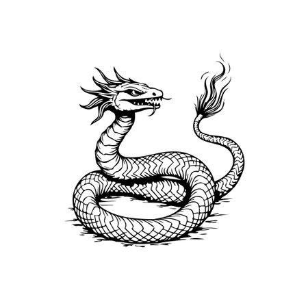 Detailed ink drawing of a coiled mythical dragon, evoking ancient legends and folklore, perfect for designs needing a classic or fantasy touch.のイラスト素材